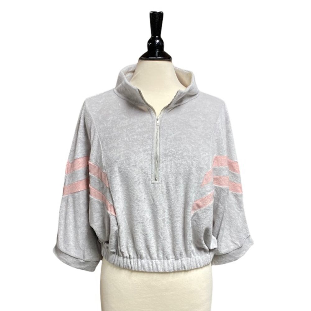 POL Grey & Pink Velour Crop Quarter Sleeve & Zip Track Pullover NWT